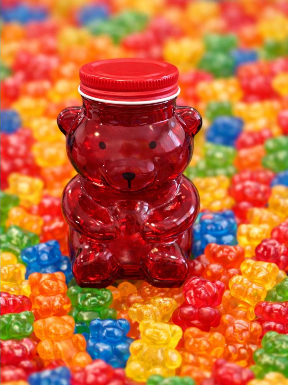 Red Glass Bear Container with Aluminum Lid – Cute Decorative Storage Jar